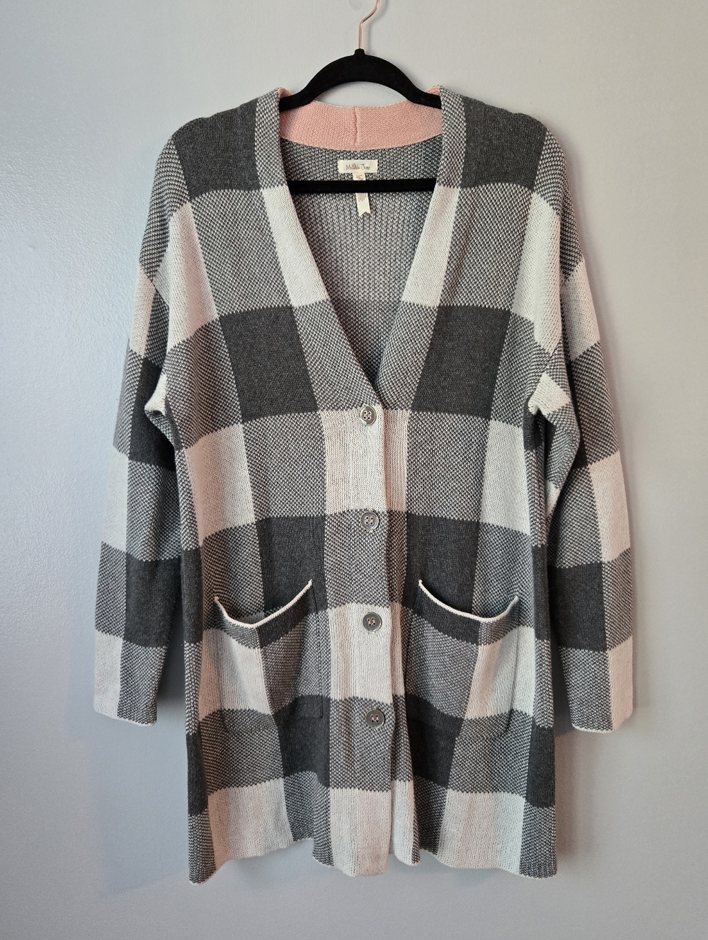 Matilda Jane Buffalo Plaid Cardigan XL Grey White Pink Trim Button Front Pocket